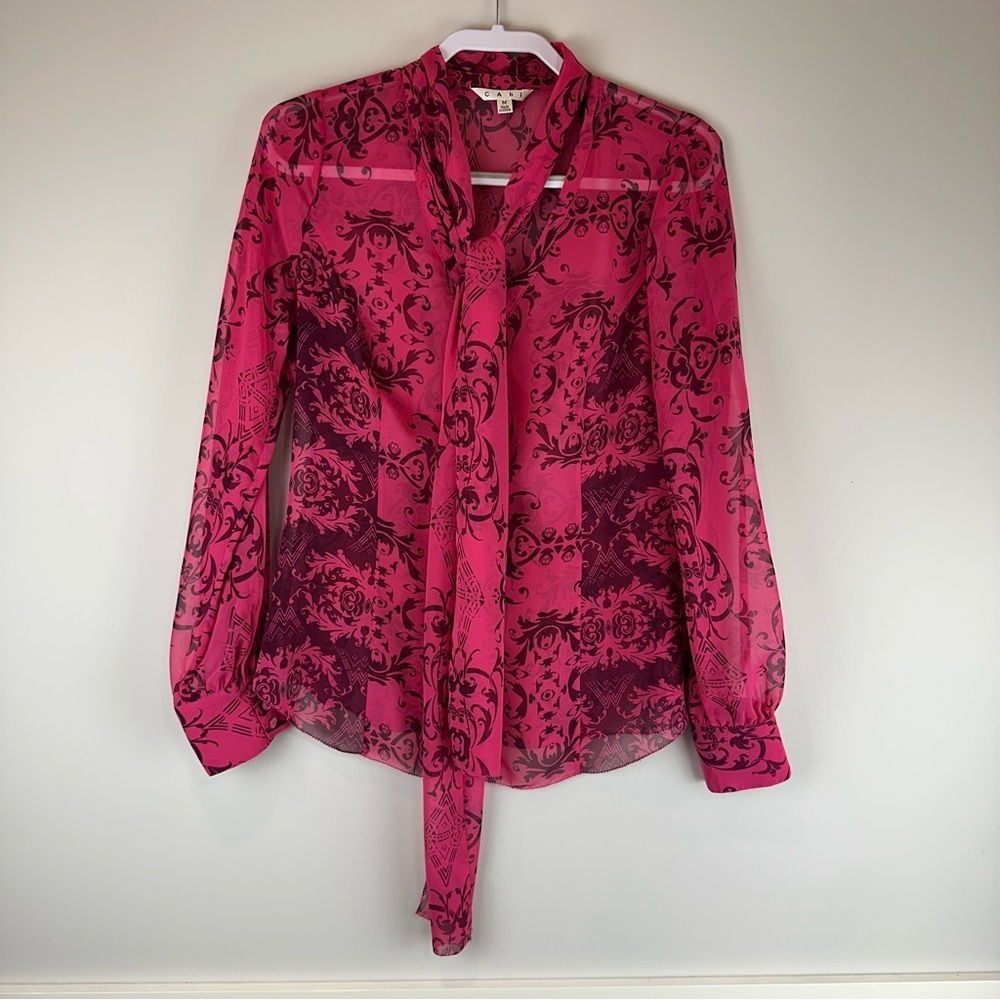 Cabi Pink Red Paisley Baroque Sheer Button Front Long Sleeve Blouse Size Medium